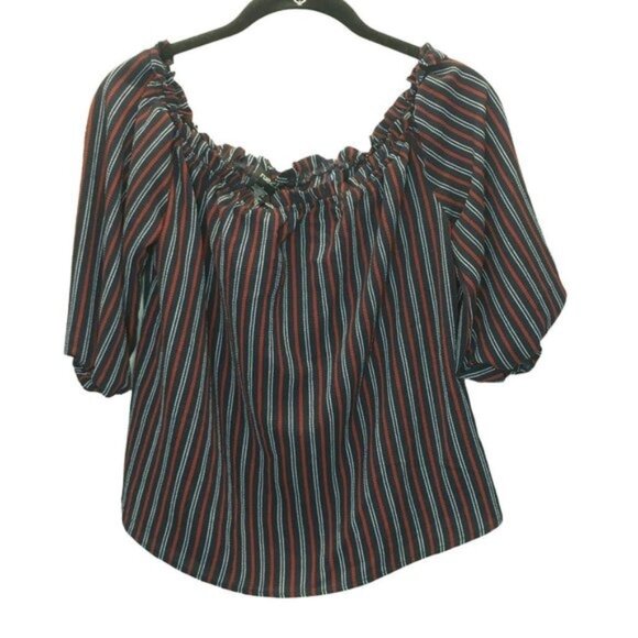 Rue21Puff Sleeve Top Women Small Red Blue Striped 3/4 Sleeve On/Off Shoulder - Picture 1 of 6